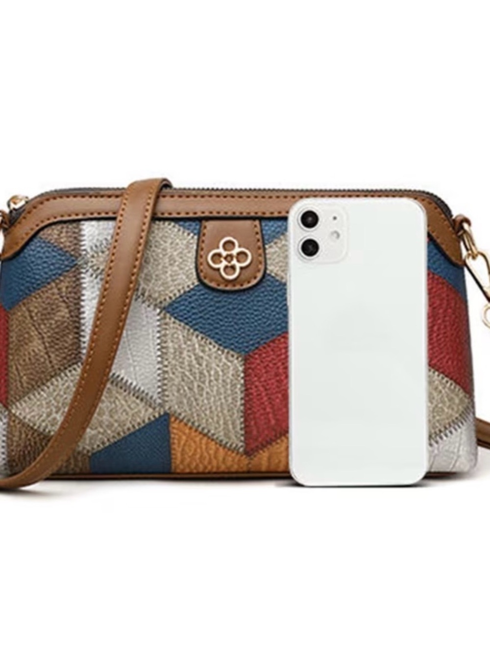 Patterned Geometric Crossbody Bag with Brown Trim - Picture 2 of 5